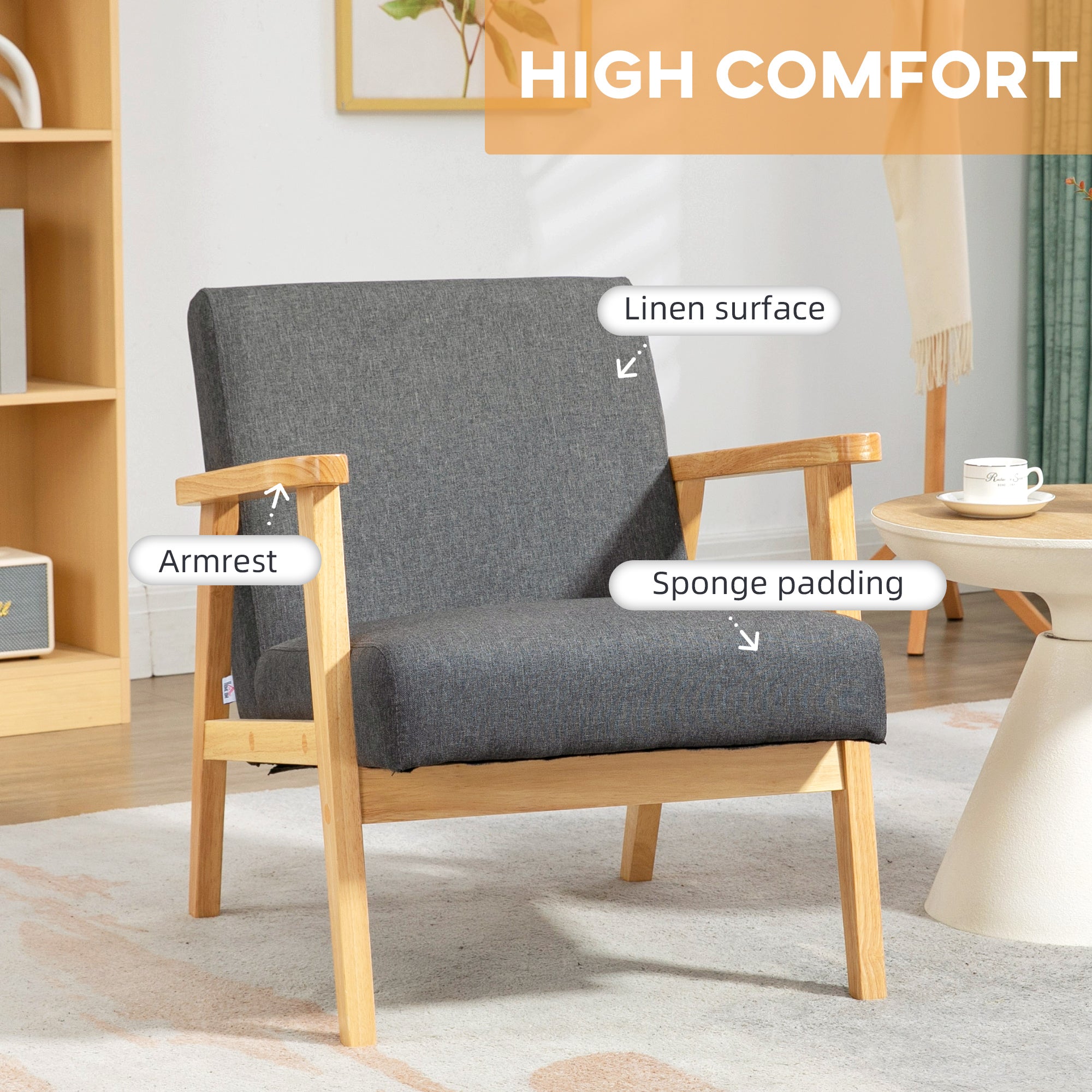 HOMCOM Set of 2 Accent Armchair, Living Room Chair, Wooden Upholstered Single Lounge Chair with Rubber Wood Legs and Padded Seat , Leisure Sofa Chair for Bedroom Office, Dark Grey